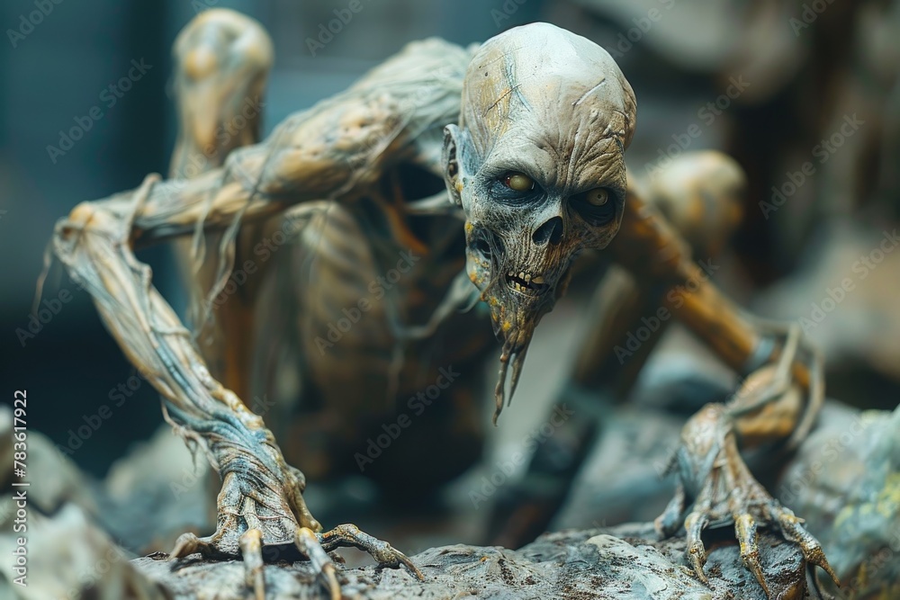 Detailed horror model of a zombie with sinewy arms and a skull-like face, invoking fear and death Detailed horror model of a zombie with sinewy arms and a skull-like face, invoking fear and death