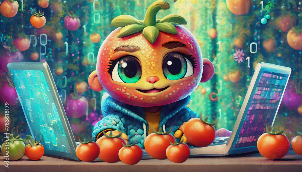 oil painting style cartoon character Close up of baby tomato cartoon character hacker hands using laptop with creative binary code oil painting style cartoon character Close up of baby tomato cartoon character hacker hands using laptop with creative binary code