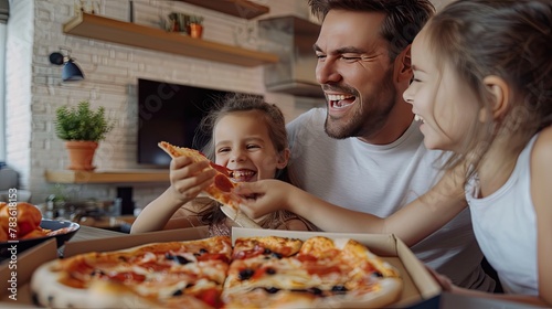 a happy family bonding over pizza at home, with parents and daughter seated around the table in a modern living room, the TV providing background entertainment.