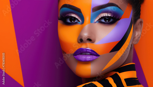 A striking close-up of a model with geometric purple and orange makeup, exuding avant-garde style.
