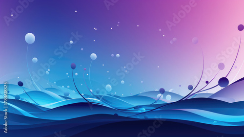 Mystical abstract landscape with floating orbs, undulating waves, and a gradient sky transitioning from blue to purple.