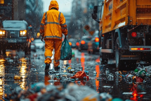 An urban sanitation worker walks in the rain amidst litter, with a garbage truck in the background © Larisa AI