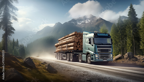 A truck transports felled trees in the mountains
