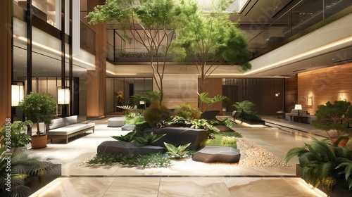 A serene indoor garden oasis, providing a tranquil retreat within the bustling lobby.