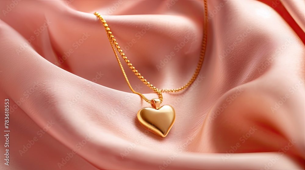 a golden necklace adorned with a heart pendant, set against a soft pink fabric background, in a simple yet feminine composition accentuated by the gentle glow of sunny light. a golden necklace adorned with a heart pendant, set against a soft pink fabric background, in a simple yet feminine composition accentuated by the gentle glow of sunny light.
