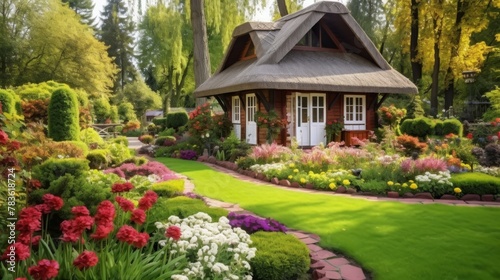 Thatched roof house lush garden