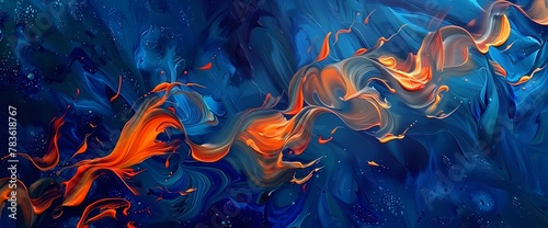 Copper orange tendrils embracing a mesmerizing background painted in shades of cobalt blue.