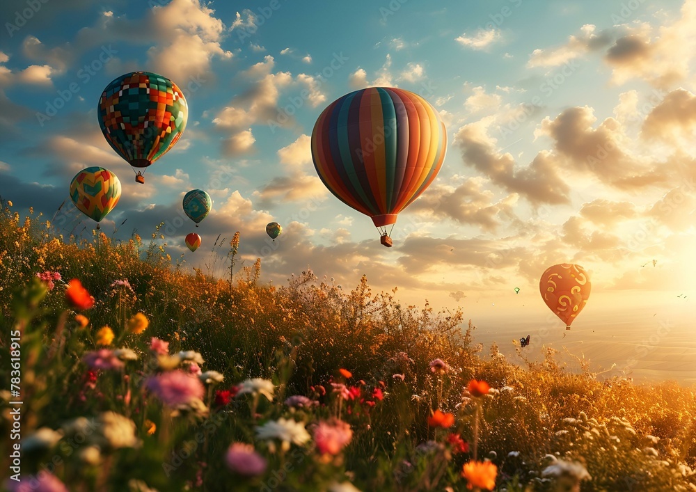 Obraz premium A serene and peaceful scene of a hot air balloon festival with colorful balloons in the sky 