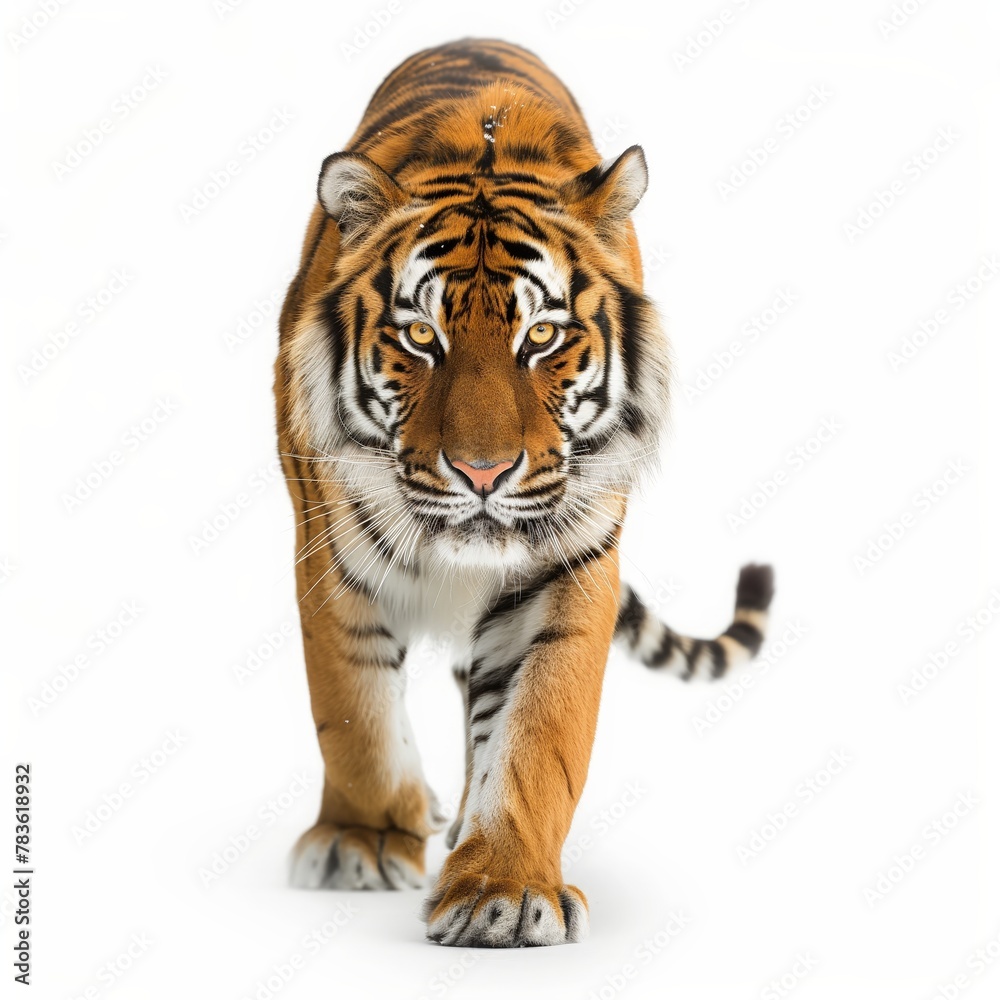 A majestic Bengal tiger approaching, isolated on a white backdrop conveying power and grace.