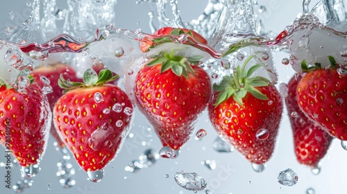 Multiple strawberries suspended in air with splashes of water and ice AI generated illustration