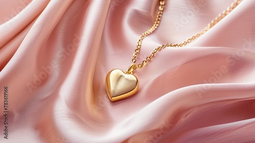 a golden necklace adorned with a heart pendant, set against a soft pink fabric background, in a simple yet feminine composition accentuated by the gentle glow of sunny light.