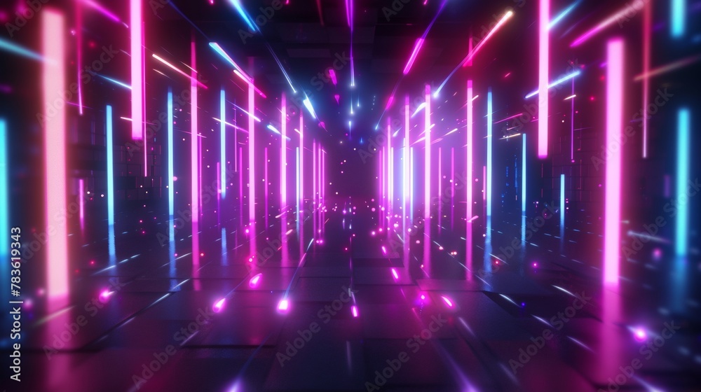 Neon lights pulsating against a dark backdrop 3d style isolated flying objects memphis style 3d render  AI generated illustration