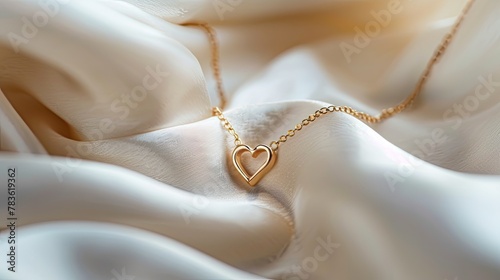 a golden necklace adorned with a heart pendant, set against a soft white fabric background, in a simple yet feminine composition accentuated by the gentle glow of sunny light.