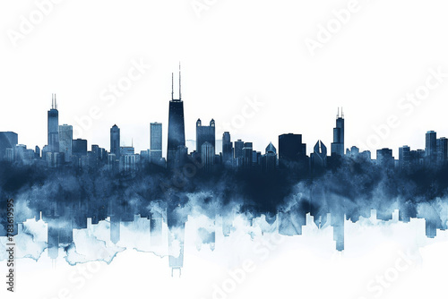 Monochrome blue Chicago skyline, watercolor texture, modern and minimalistic, ideal for modern urban design
