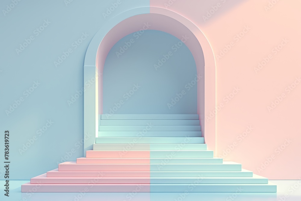 abstract background with pastel colors podiums in the shape of an arch and empty space for product presentation. 