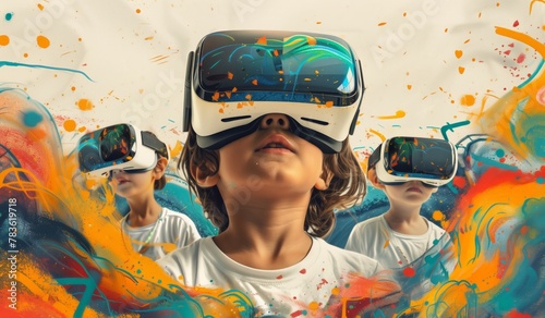 an illustrated poster about children learning the arts and sciences, virtual reality