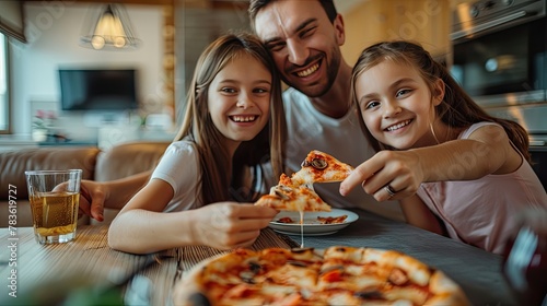 a happy family bonding over pizza at home, with parents and daughter seated around the table in a modern living room, the TV providing background entertainment.