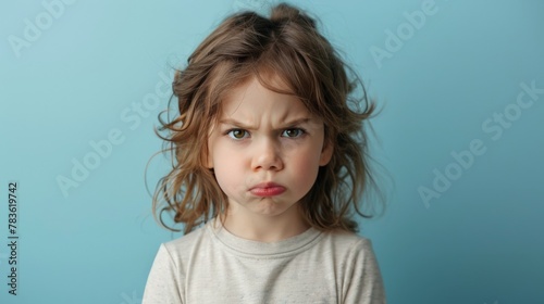 A portrait of a child with a furrowed brow and a clenched jaw. She is angry and frustrated. photo
