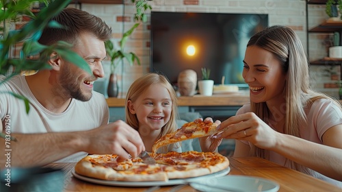a happy family bonding over pizza at home  with parents and daughter seated around the table in a modern living room  the TV providing background entertainment.