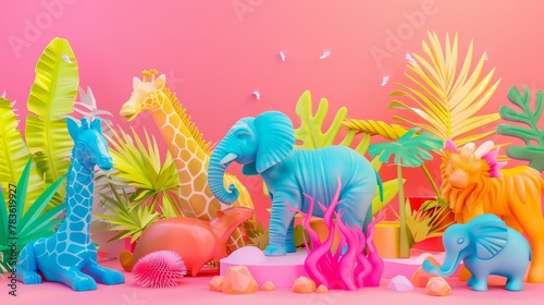 Playful animal figurines in bright neon colors 3d style isolated flying objects memphis style 3d render AI generated illustration