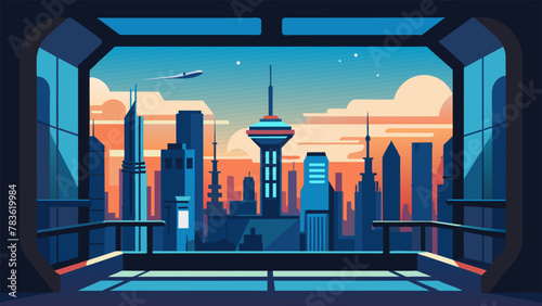 A futuristic cityscape visible from the elevators windows showcasing the technological advancements and interconnectedness of humanity in the photo