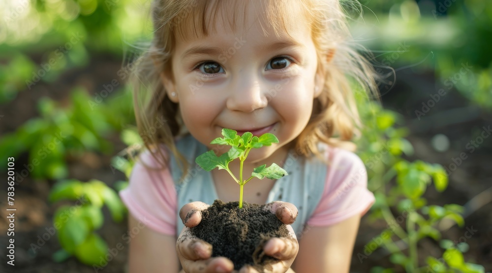 Little kids holding a small plant in soil with organic matter, tree seed Little kids holding a small plant in soil with organic matter, tree seed