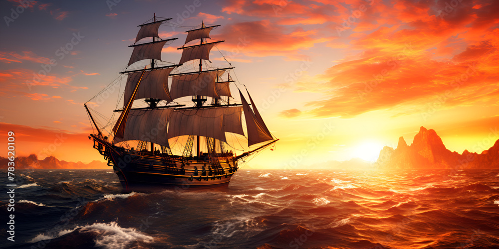  A sailboat is sailing in the ocean with the sunset in the background , Wooden Pirate Ship Floating on the Sea , Old ancient pirate ship on peaceful ocean at sunset
 
   
 