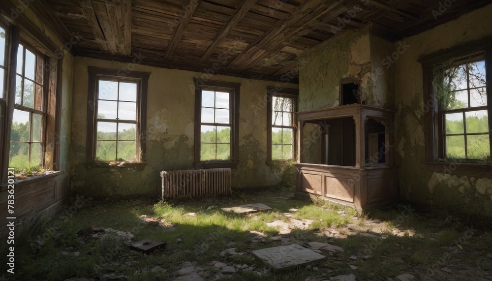 Sunlight streams into a decaying room with peeling paint and vintage furniture, hinting at stories of past inhabitants. AI Generation Sunlight streams into a decaying room with peeling paint and vintage furniture, hinting at stories of past inhabitants. AI Generation
