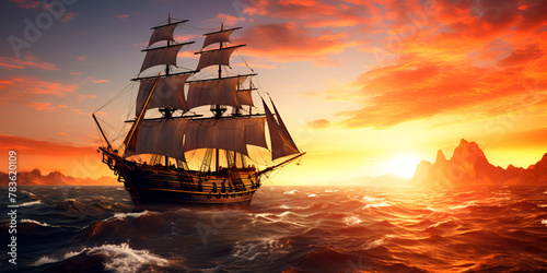  A sailboat is sailing in the ocean with the sunset in the background , Wooden Pirate Ship Floating on the Sea , Old ancient pirate ship on peaceful ocean at sunset 