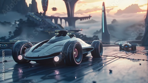 Prototype racing cars in a futuristic landscape   AI generated illustration photo