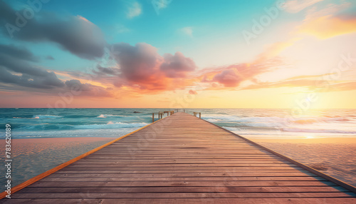 Beautiful sunset on the sea from the pier wooden