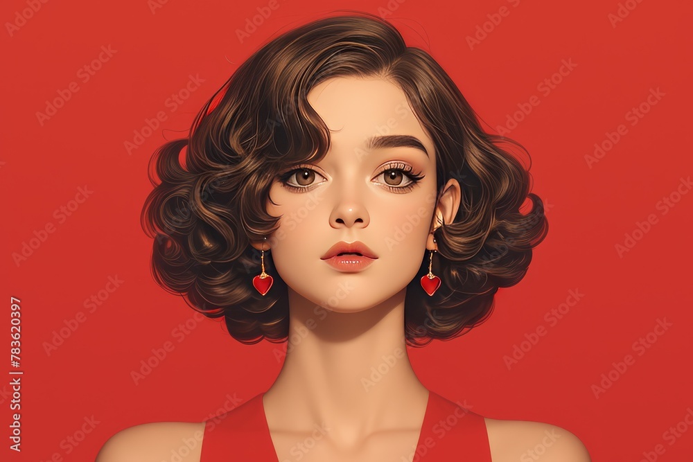 a beautiful woman with brown hair in vintage hairstyle and red dress is looking surprised