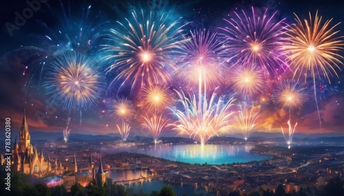 A digital artwork captures a breathtaking fireworks display, illuminating the night sky above a picturesque cityscape reflected on a tranquil water surface.. AI Generation