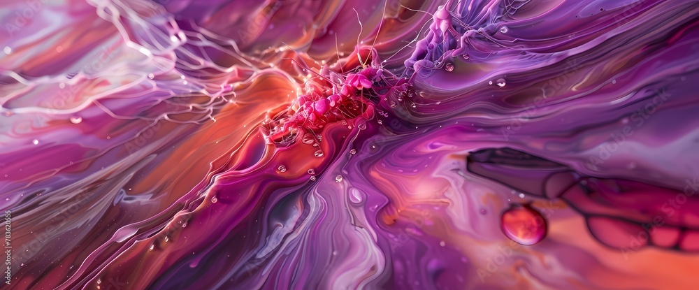 Crimson and amethyst streaks collide, creating a dramatic and dynamic burst frozen in time on a vivid liquid background.