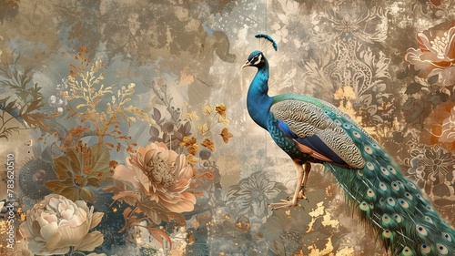 A mesmerizing artistic composition featuring a collage of vintage illustrations, delicate floral motifs, and graceful peacocks rendered in rich hues and intricate detail.

