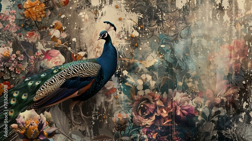 A mesmerizing artistic composition featuring a collage of vintage illustrations, delicate floral motifs, and graceful peacocks rendered in rich hues and intricate detail.