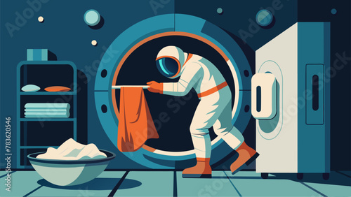 In a sleeping pod an astronaut struggles to change into clean clothes having to hold onto everything in order to keep them from floating away.