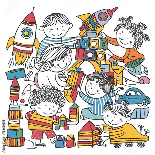 set of cartoon kids playing toys together with whimsical style design