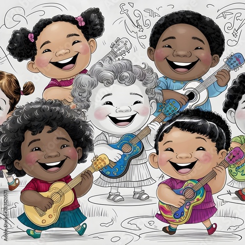 children with faces playing guitar together with funny style and unique style drawing black children style