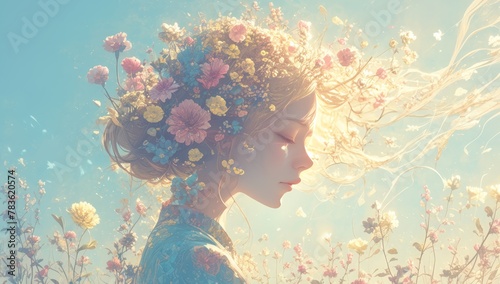 A beautiful woman with flowers in her hair, surreal  colorful flowers and plants swirling around the head of an elegant model with closed eyes, creating a dreamy atmosphere