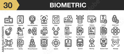 Set of 30 biometric icon set. Includes identity, padlock, scanner, system, code, fingerprint, and More. Outline icons vector collection.