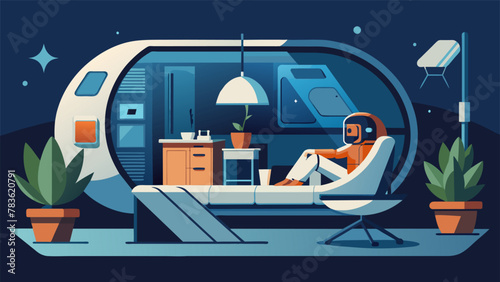 The living space of a seasoned astronaut showcasing a stateoftheart sleep pod with adjustable lighting and temperature control a compact kitchen