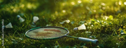 a badminton racket and shuttlecock resting on vibrant green grass, the foreground sharply focused against a blurred background, fostering a bright and energetic atmosphere.