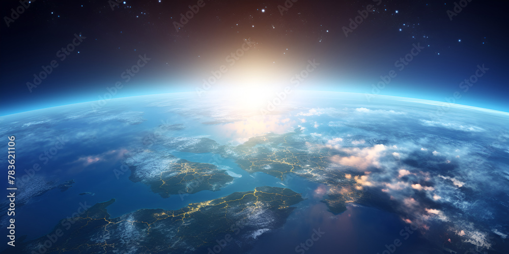   Blurred backdrop of Earth from space a planetary perspective, Top view of the planet earth blue atmosphere glowing sun on dark space background   