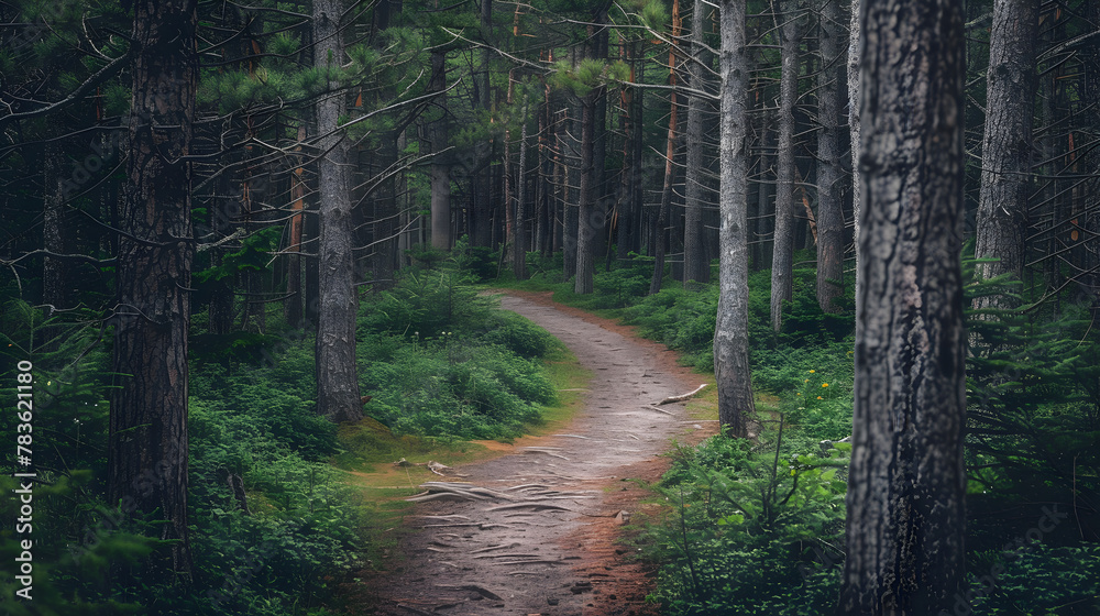 Fototapeta premium A winding path leading through a forest of tall trees.