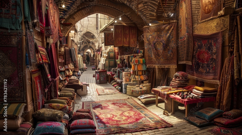 Traditional bazaar in Istanbul Turkey with tapestries pottery spices and textiles echoing with sounds of bargaining and cultural music --ar 16:9