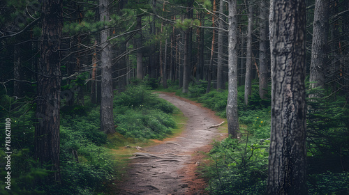 A winding path leading through a forest of tall trees.   