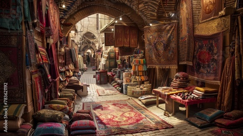 Traditional bazaar in Istanbul Turkey with tapestries pottery spices and textiles echoing with sounds of bargaining and cultural music --ar 16:9 © aju215