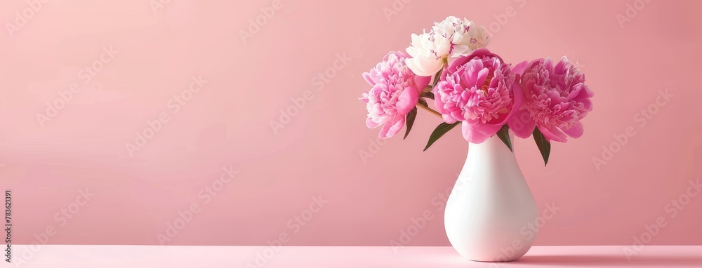 an elegant affair with a photograph featuring pink lush peonies arranged in a white vase, set against a light background, offering empty space for text or invitations.