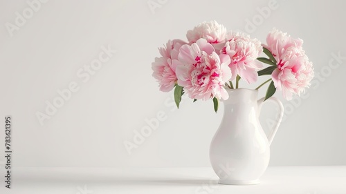 an elegant affair with a photograph featuring pink lush peonies arranged in a white vase  set against a light background  offering empty space for text or invitations.